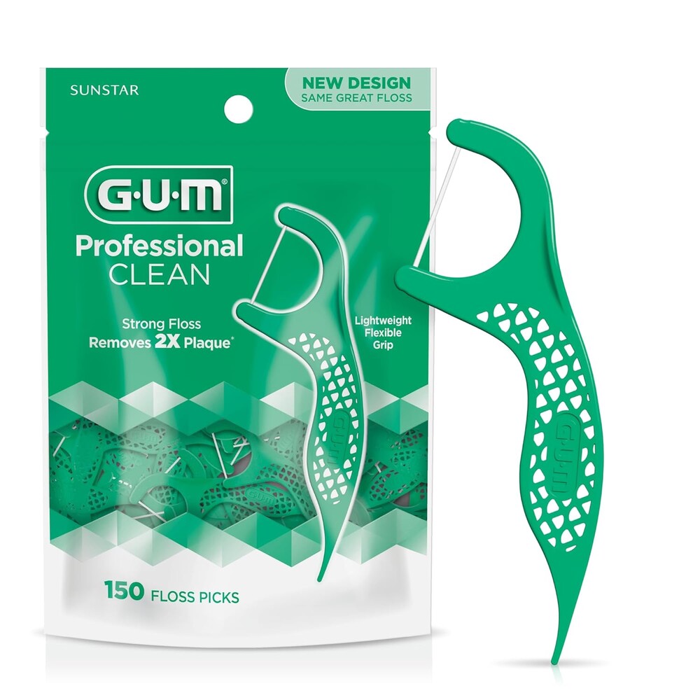 GUM Professional Clean Floss Picks - Extra Strong Shred-Resistant Floss, Easy Grip Handle - Dental Flossers for Adults - Fresh Mint Flavor, 150 Count
