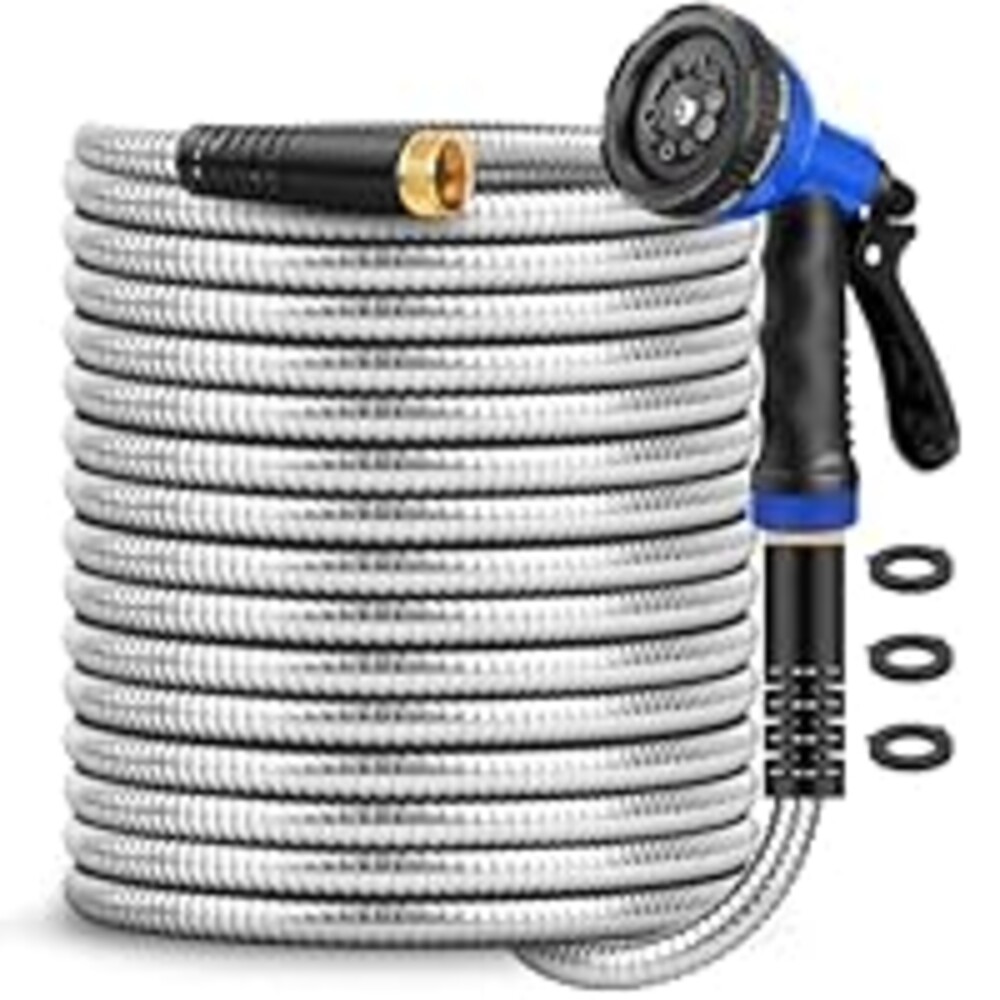 Garden Hose 50 ft, Stainless Steel Metal Hose, Flexible Water Hose with 10 Function Nozzle, Kink Free, Leak-Proof, Heavy Duty Hose for Yard, Outdoor, Lawn, RV, Car Wash and Camper Use