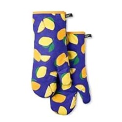 kate spade new york Lemon Party Oven Mitt 2-Pack Set, Heat Resistant, 100% Cotton, Navy Blue/Yellow, 7"x13"