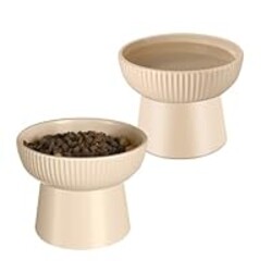 Ceramic Elevated Cat Bowls-Water Bowl, 15° Tilted Design, Anti-Vomiting & Spine Protection, Prevent Whisker Fatigue for Kittens to Adult Cats and Small Dogs (Almond-Elevated Cat Bowls-2)