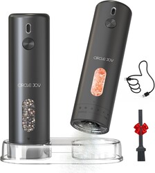 CIRCLE JOY Rechargeable Electric Salt and Pepper Grinder Set with Base, Automatic Pepper Mills with 110ml Container, External Adjustable Coarseness, White Led Light and One-Handed Operation, Black