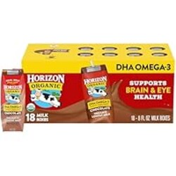 Horizon Organic Shelf Stable 1% Lowfat DHA Omega-3 Chocolate Milk Boxes, 8 fl oz, 18 Count - 8g Protein per Serving, USDA Organic UHT from Pasture-Raised Cows, Ready to Drink for Lunchbox, Travel, or On-the-Go, No Refrigeration Needed
