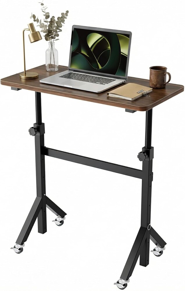 HUANUO Small Standing Desk with Wheels,28.7"-46.1" Heigh Adjustable Portable Rolling Teacher Desks,Mobile Stand Up Desk for Walking Pad and Treadmill,Sit to Stand Computer Desktop,Walnut