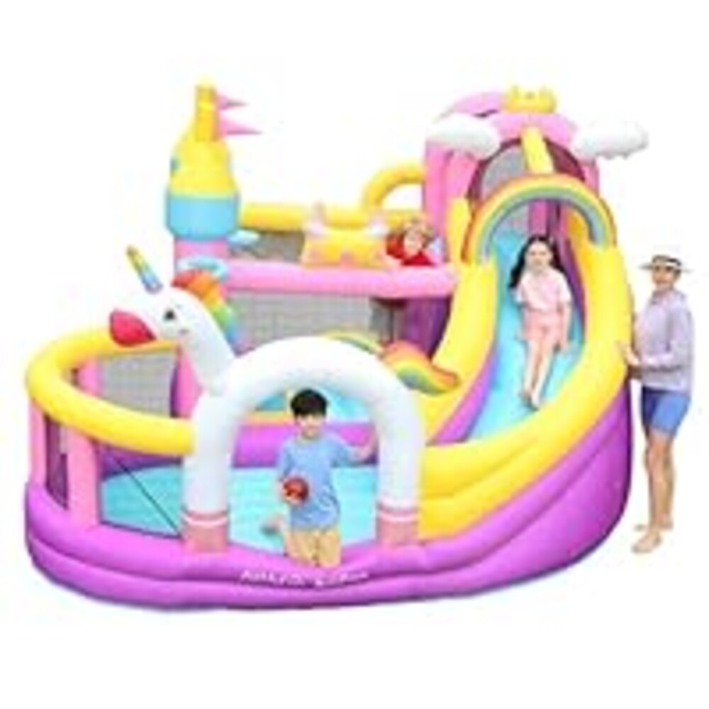 AirMyFun Inflatable Bounce House, Wide Slide Indoor Bounce House, 5 in 1 Unicorn Bounce House for Big Kids Backyard with 450 Blower, Air Cushion, Ball Pit, Climbing Wall, Basketball Hoop