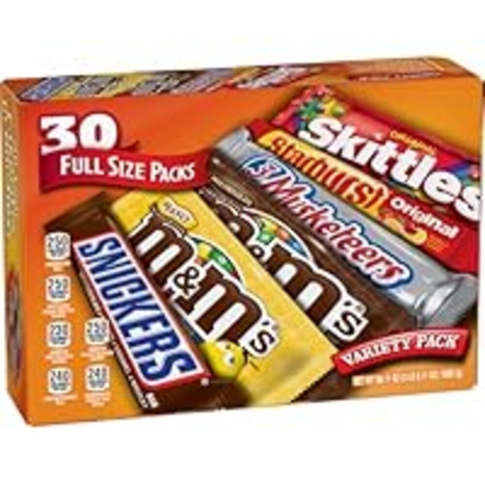 Mars M&M'S, SNICKERS, 3 MUSKETEERS, SKITTLES & STARBURST Variety Pack Full Size Bulk Candy Assortment, 56.11 oz, 30 Count