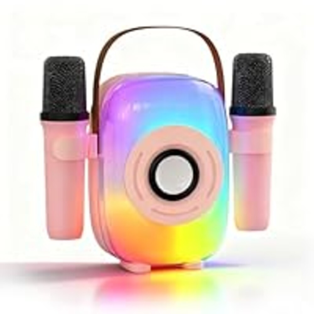 Mini Karaoke Machine, Bluetooth Mini Portable Karaoke Machine, with 2 Wireless Microphone and Speaker, Toys for All Smartphones, Birthday, Family, Home Party (Beige)