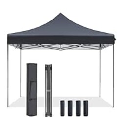 OLIXIS 10x10 Ft Pop Up Canopy Tent, Waterproof Portable Outdoor Shade Canopy with Sand Bags for Beach, Backyard Parties & Events, Charcoal