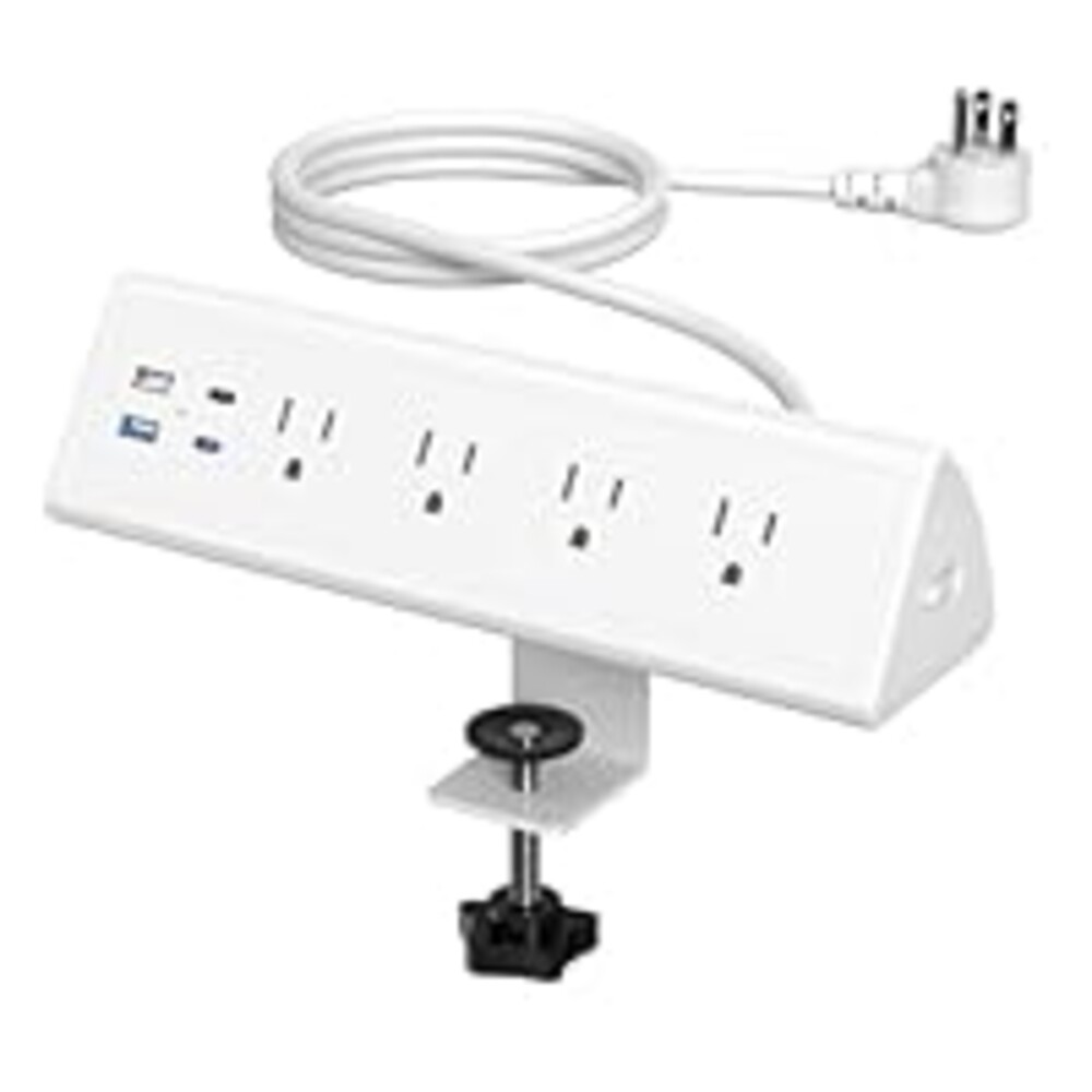Jgstkcity Desk Clamp Power Strip,20W Fast Charging Station,Surge Protector Nightstand Edge Mount,1875W Extension Cord with Multiple Outlets,2 USB-C,2 USB-A,for Home Office (White, 10 FT)