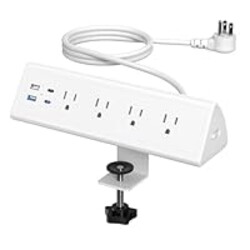 Jgstkcity Desk Clamp Power Strip,20W Fast Charging Station,Surge Protector Nightstand Edge Mount,1875W Extension Cord with Multiple Outlets,2 USB-C,2 USB-A,for Home Office (White, 10 FT)