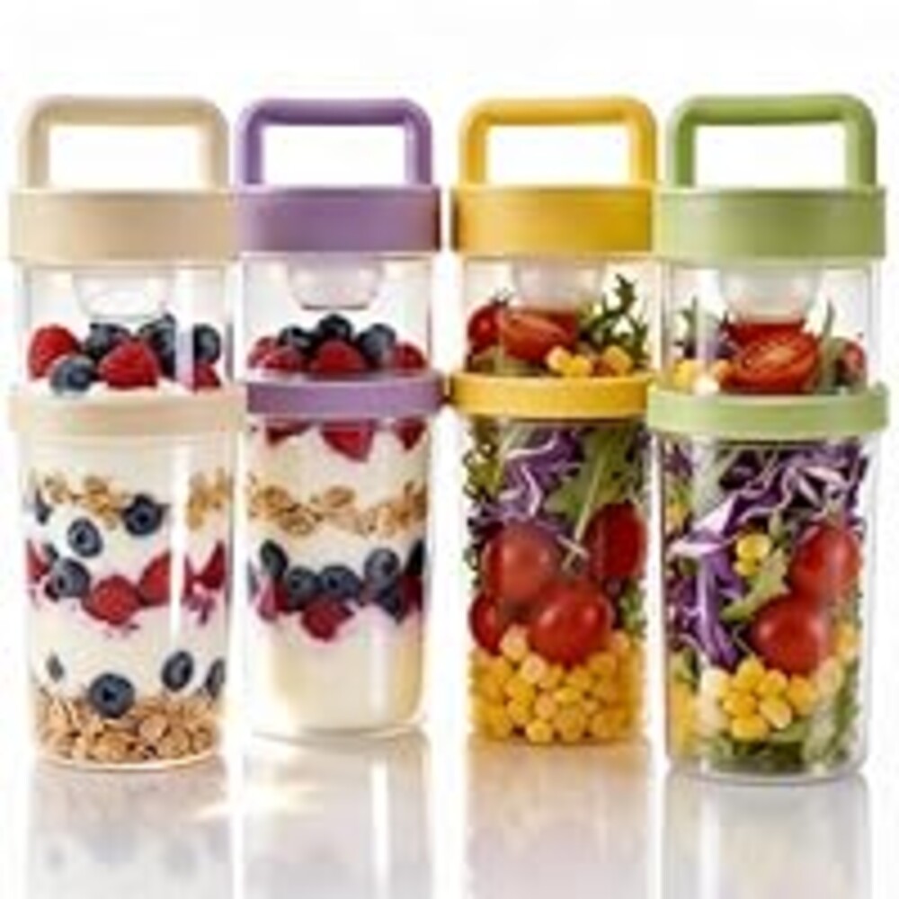 4 Pack Salad Cup with Dressing Container and Spoons - Portable Plastic Salad Prep Containers to Go - Leak-Proof Yogurt Parfait Cups - 2-Tier Meal Prep Containers for Breakfast & Lunch, Office, School