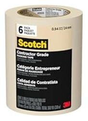 Scotch Contractor Grade Masking Tape, 1 Inch Wide (0.94 in. x 60.1 Yds) 6 Rolls, 3-Day Interior Clean Removal, Removes Easily Without Leaving Sticky Residue, Interior & Exterior Use (2020-24EP6)