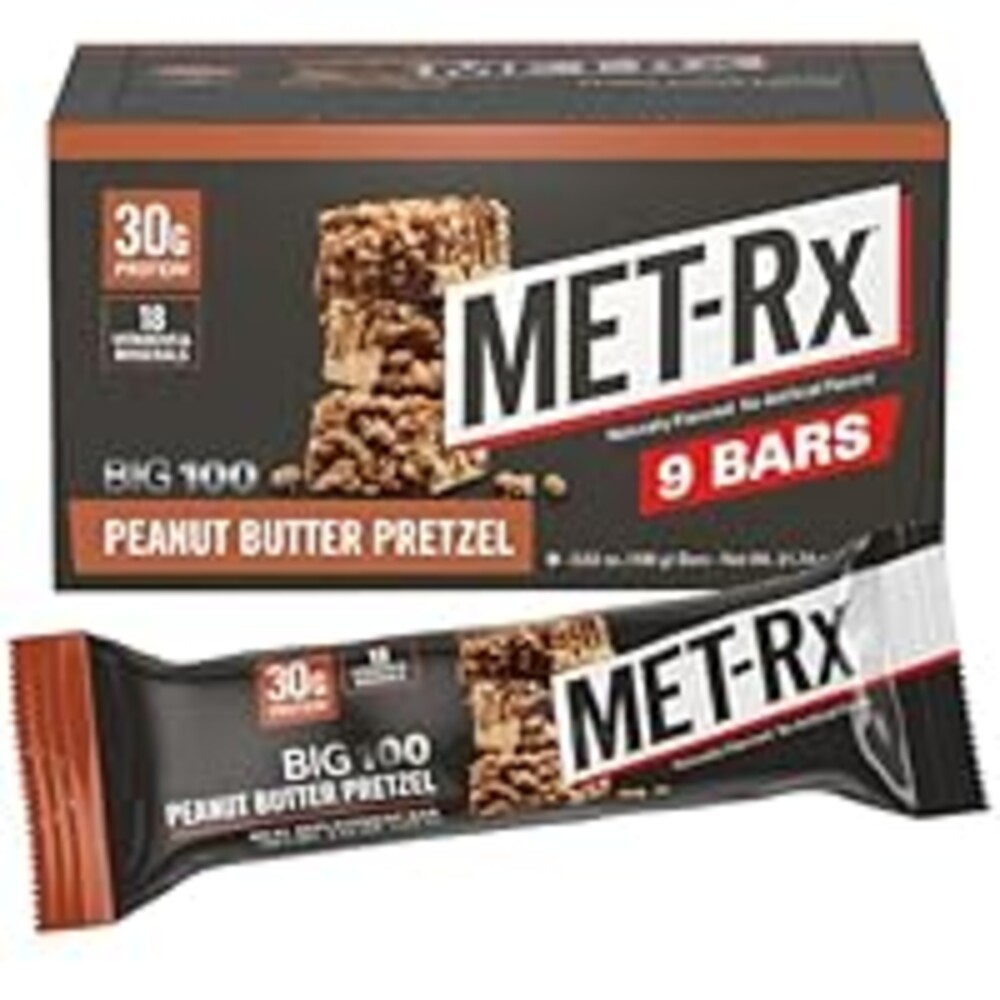 MET-Rx Big 100 Colossal Protein Bars, Great as Healthy Meal Replacement, Snack, and Help Support Energy, Peanut Butter Pretzel, With Vitamin A, Vitamin C, and Zinc, 100 g, (Pack of 9)