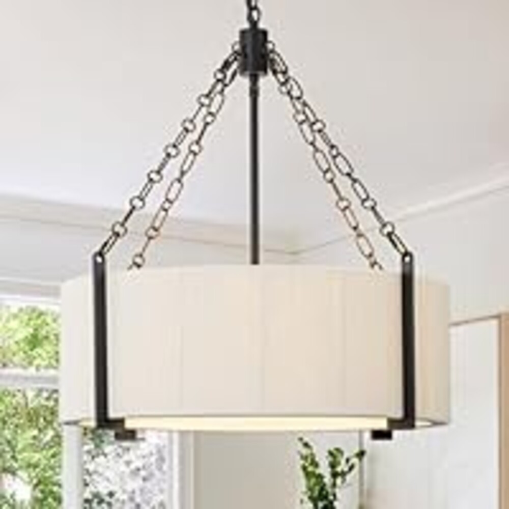 21" White Rattan Chandelier, 5-Light Large Boho Woven Cotton Rope Pendant Light Fixture with Adjustable Chain, Coastal Drum Chandeliers for Dining Room Living Room Kitchen Bedroom Foyer Entryway