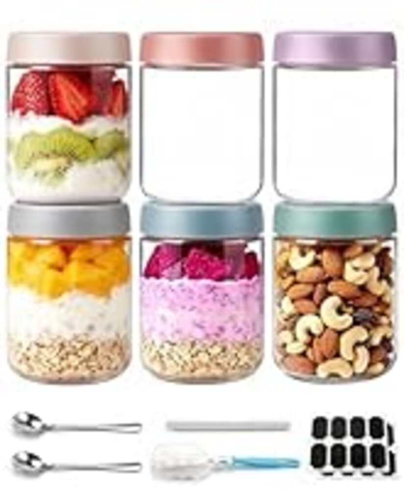 6 pack 16 oz Overnight Oats Containers with Lids and Spoons Glass Jars with Airtight Lids: Wide Mouth Mason Salad Jars, Leakproof and Reusable Glass Food Storage Container for Yogurt Snacks Spice