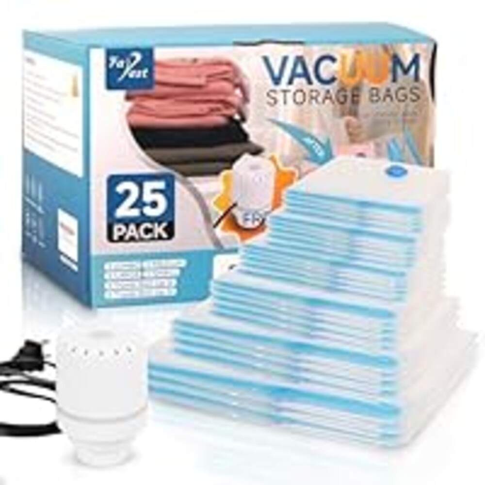 Vacuum Storage Bags with Electric Air Pump, 25 Pack Compression Bag, Space Saving Vacuum Sealer Bags for Clothes, Blanket, Duvets, Pillows, Comforters Travel, Two Compressing Ways