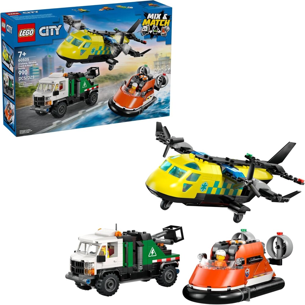 LEGO City Airplane, Service Truck & Hovercraft Remix Building Toy for Kids - Mix & Match Emergency Vehicle & Truck Toys for Pretend Play - Gift Idea for Boys & Girls, Ages 7+ - 60505