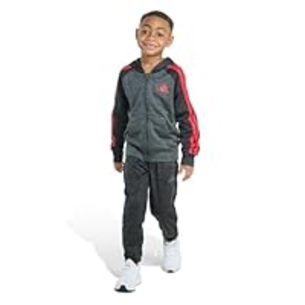 adidas Baby Boys 2-Piece Long Sleeve Poly Fleece Jacket & Jogger Set, Black Heather with Red, 18M