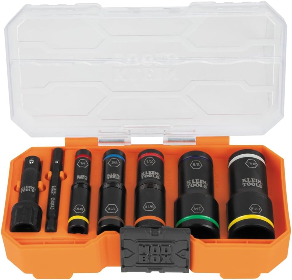 Klein Tools 65618 KNECT Flip-10 SAE Impact Socket Set, Deep Depth with 5 Color-Coded Flip Sockets, 10 SAE Sizes, 1/4 and 3/8-Inch Adapters and MODbox Case
