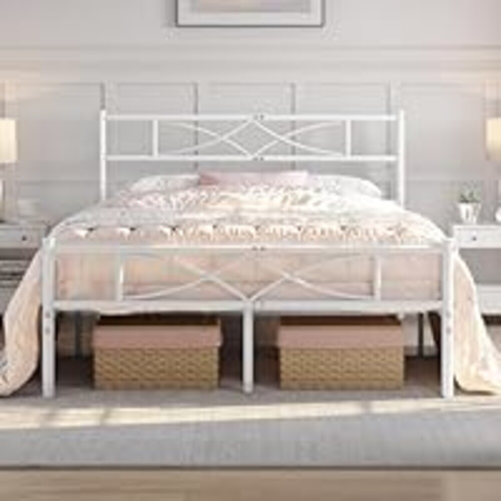 Yaheetech Metal Full Size Bed Frame, Platform Bed Frame, Mattress Foundation with Curved Design Headboard & Footboard, NO Box Spring Needed, Heavy-Duty Support, Easy Assembly, Full, White