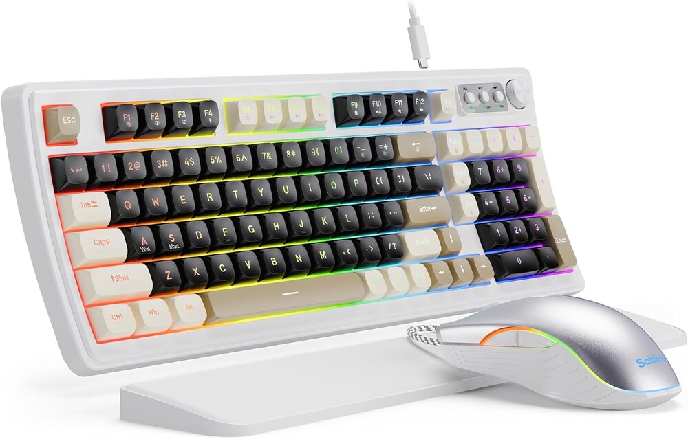 SABLUTE Wired Gaming Keyboard and Mouse, RGB Backlit Mechanical Feel PC Gaming Keyboards Multimedia Knob& Anti-Ghosting Ergonomic Premium Leather Wrist Rest for Game (White)