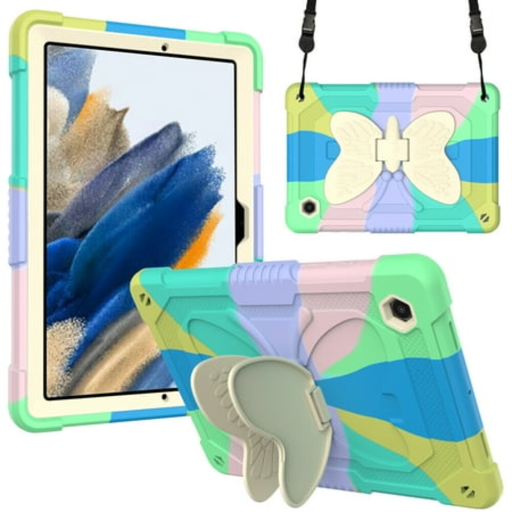 Galaxy Tab A8 (10.5") Case (SM-X200) - TECH CIRCLE [Cute Butterfly Pattern] Shockproof Kickstand Kids Proof Rugged Case with [Shoulder Strap] for Samsung Galaxy Tab A8 10.5-Inch Tablet, Beige+Green