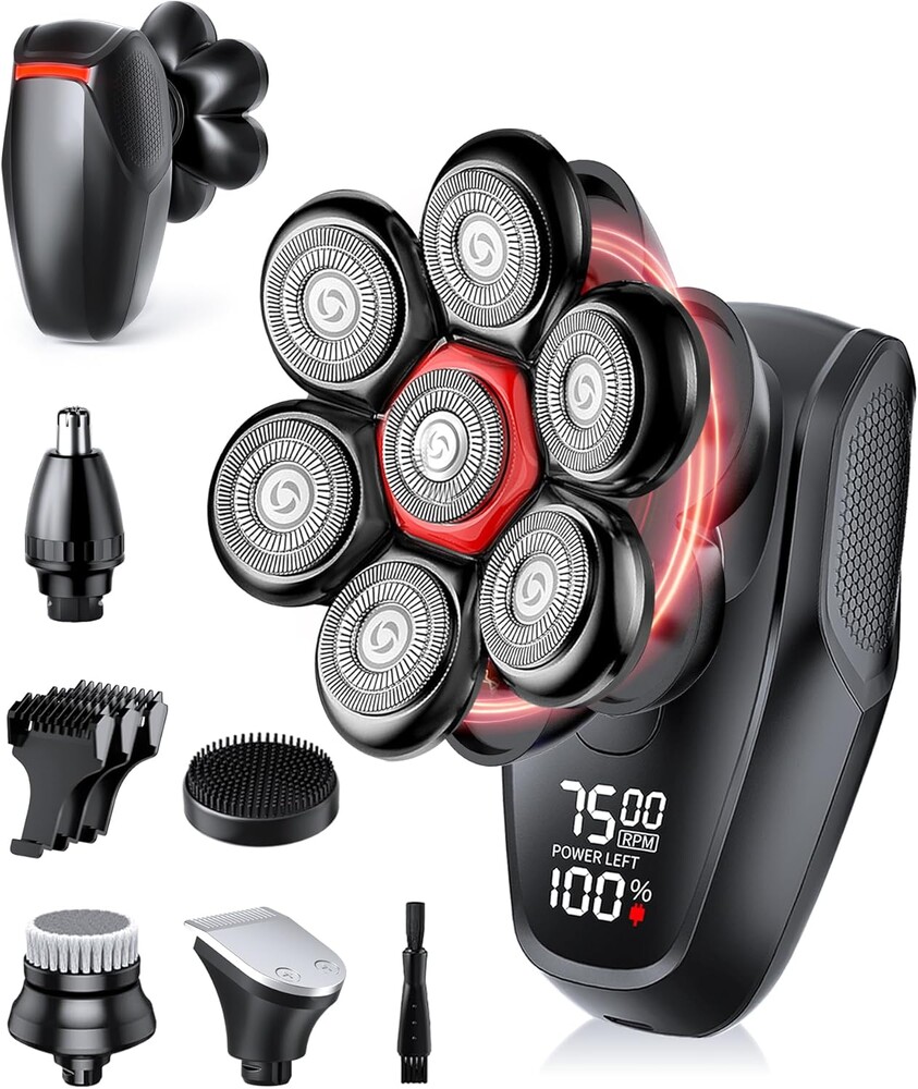 Head Shavers for Bald Men - 7D Magnetic Razor with LED Display, IPX8 Waterproof for Wet/Dry Use, USB-C Fast Charging & 5-in-1 Grooming Attachments,Black