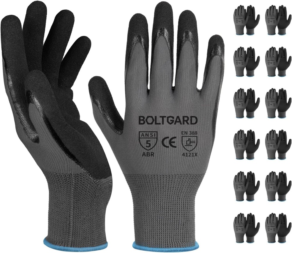 Work Gloves Men with Double Sandy Nitrile Coated Grip, Black Micro-Foam Nitrile Glove for Mechanics, Outdooor Construction