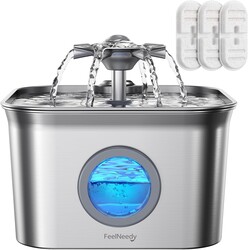 Stainless Steel Cat Water Fountain, 2.8L with 20dB Ultra-Quiet Pump- Ideal for Timid Pets, LED Water Level Window, Dishwasher Safe, 24/7 Circulation- Includes 3 Replacement Filters