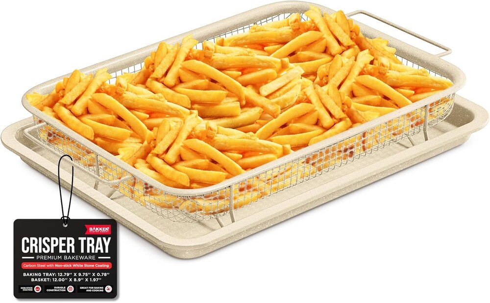 Bakken Swiss Crisper Tray - 2-Piece Set – White Marble, Non-Stick Basket Design for Healthier Cooking in Regular Ovens - Achieve Perfectly Crispy Chips, Bacon and More