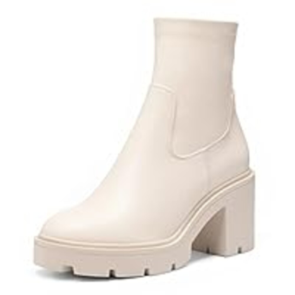 DREAM PAIRS Women's Sdab2212w Chelsea Platform Boots Elastic Chunky Heel Lug Sole Ankle Booties Shoes, Size 8, Beige/White Pu