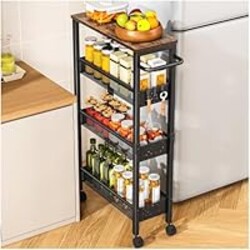 Vivihomety Utility Slim Storage Cart with Wheels, 4 Tier Small Rolling Cart with Wood Top, Metal Kitchen Bathroom Laundry Room Organization Trolley with Handle for Narrow Space – Black