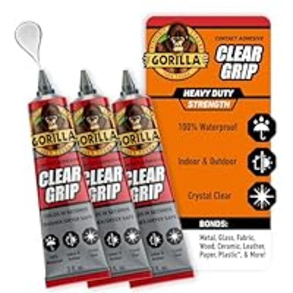 Gorilla Clear Grip Waterproof Contact Adhesive; Fast-Setting; Waterproof; Flexible; Permanent Bond; 3 Ounce Tube; Crystal Clear (Pack of 3)