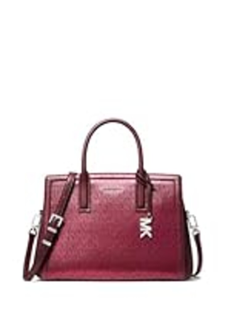 Michael Kors Laila Medium Satchel, Silver-Tone Hardware/Foil Printed MK Signature Smooth Nappa Leather/Oxblood
