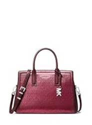 Michael Kors Laila Medium Satchel, Silver-Tone Hardware/Foil Printed MK Signature Smooth Nappa Leather/Oxblood