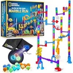 National Geographic Glowing Marble Run – 115 Piece Construction Set with 25 Glow in The Dark Glass Marbles, Storage Bag, Great Creative STEM Toy for Girls and Boys