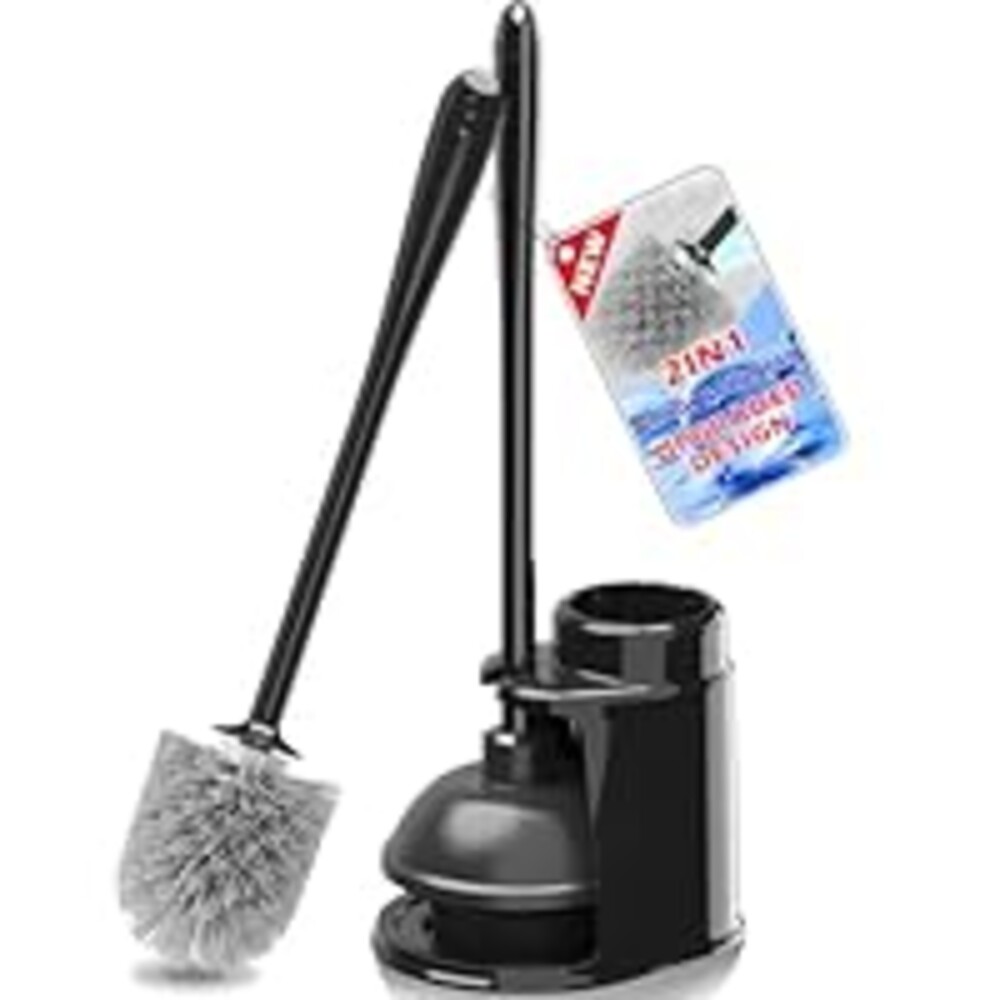 JEHONN Toilet Plunger and Brush Set Black with Holder and Hidden Tweezers, Heavy Duty Bathroom Bowl Scrubber Cleaning Kit for Bathtub Sink Wash Basin