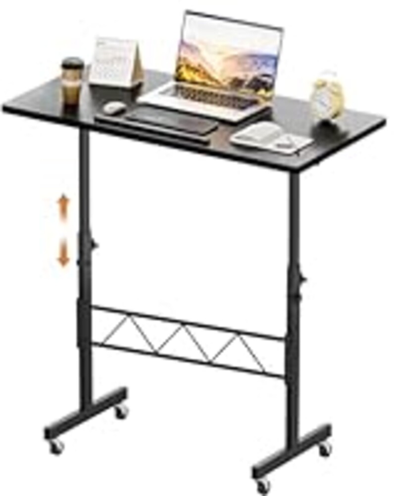 GTPLAYER Small Standing Desk Adjustable Height, 30.7"-46.4" Portable Computer Table Mobile Desk Workstation Stand Up Desk with Wheels Compact Rolling Table for Home Work Treadmill Walking Pad Black