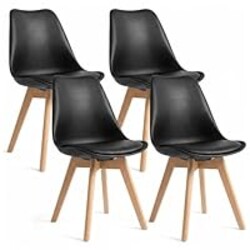Dining Chairs Set of 4, Modern Upholstered Dining Room Chairs with PU Leather Padded Seat, Armless Kitchen Chairs with Curved Backrest and Solid Wood Legs for Dining Room, Kitchen, Apartment, Black