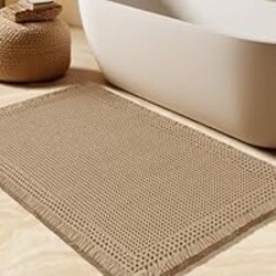 Upgrade Waffle Bath Mat, Boho Bathroom Rugs Absorbent Non Slip, Ultra Soft Bathroom Mat, Machine Washable Knit Bath Rugs with Border for Bathroom, Bedroom, Kitchen, Shower, Tub, 32"x20", Beige