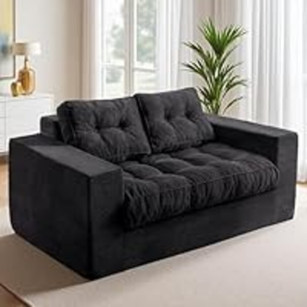 MAXYOYO Loveseat Sofa Couch, Upholstered Bean Bag Chair Cloud 2-Seat for Adults, Boneless Couch with Tufted Cushion & Pillows, Sofa in A Box, No Assembly Required, Black