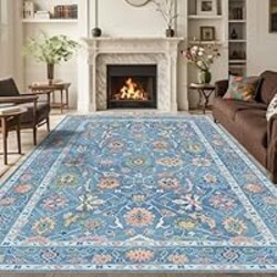 Blue Vintage Oushak Rug 5x7: Large Washable Modern Turkish Area Rug Luxury Oriental Floral Carpet for Bedroom Living Room Nursery Light Blue