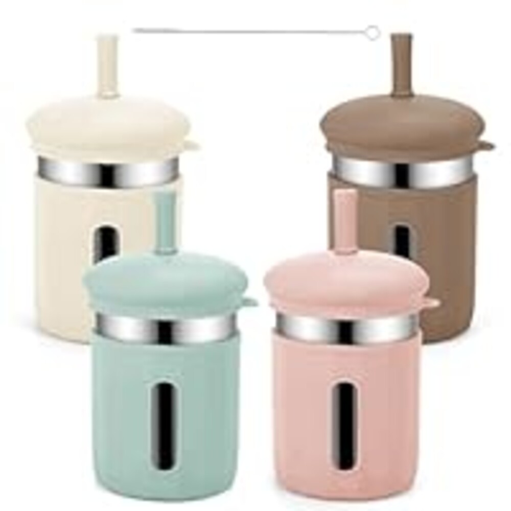 Beyoung Kids Cups with Straws and Lids, 12.5oz Stainless Steel Kids Straw Cups with Silicone Sleeves, Spill Proof, Durable Drinking Cups for Kid and Adults,4PACK (Beige+Brown+Green+Pink)