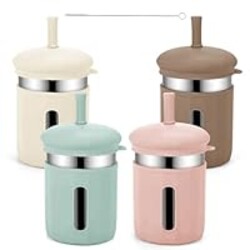 Beyoung Kids Cups with Straws and Lids, 12.5oz Stainless Steel Kids Straw Cups with Silicone Sleeves, Spill Proof, Durable Drinking Cups for Kid and Adults,4PACK (Beige+Brown+Green+Pink)