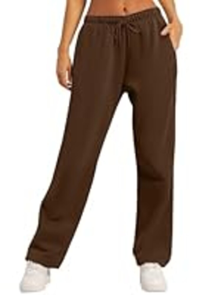 AUTOMET Women's Wide Leg Sweatpants Fleece Lined Baggy Straight Leg Lounge Pants Fall Outfits Athletic Joggers with Pockets Brown M