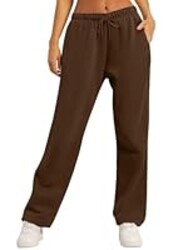 AUTOMET Women's Wide Leg Sweatpants Fleece Lined Baggy Straight Leg Lounge Pants Fall Outfits Athletic Joggers with Pockets Brown M
