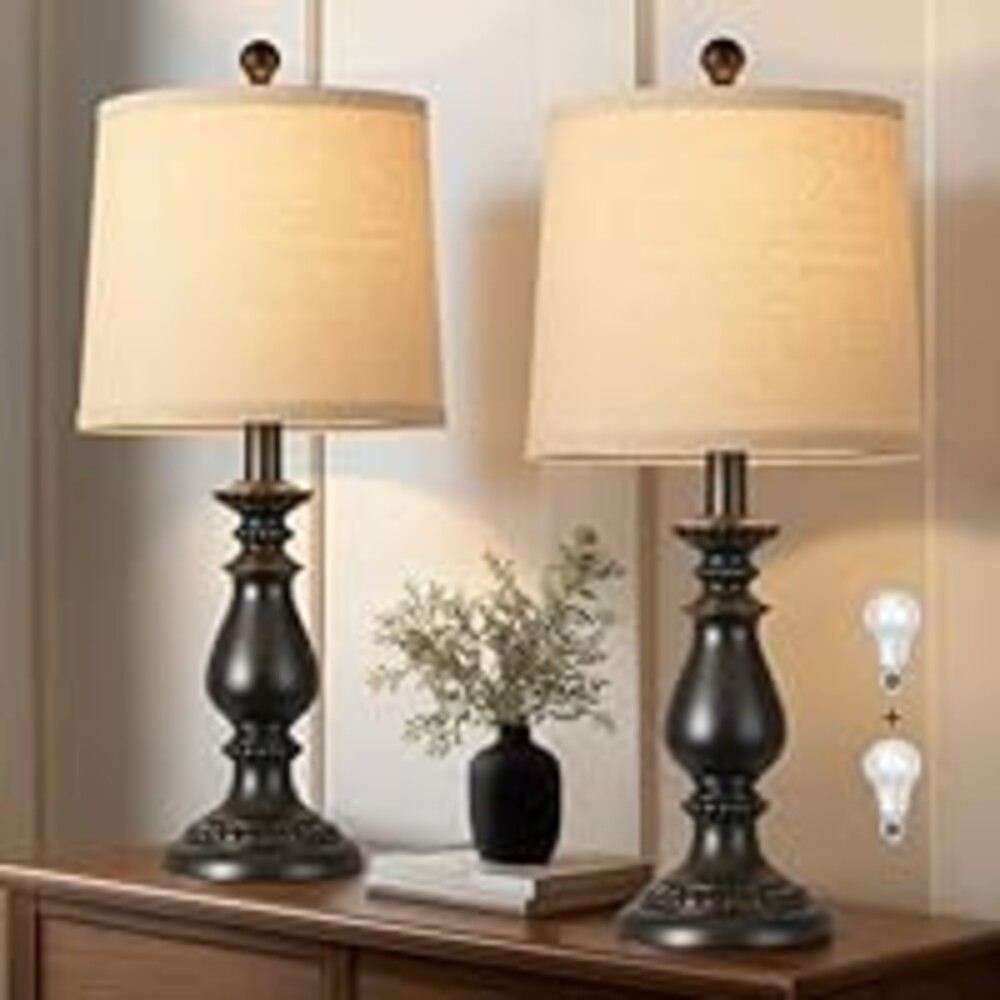 QiMH Farmhouse Table Lamp Set of 2, Rustic Table Lamps for Living Room, Vintage Nightstand Lamp with Rotary Switch, Beside Lamps for Bedroom, Traditional Table Lamps with Linen Shade, Matte Black