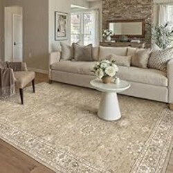 PureCozy 5x7 Brown Area Rug Non Slip Vintage Living Room Distressed Machine Washable Carpet Retro Indoor Bedroom Floral Traditional Accent Throw Rug for Office Kitchen Dorm Dining Room