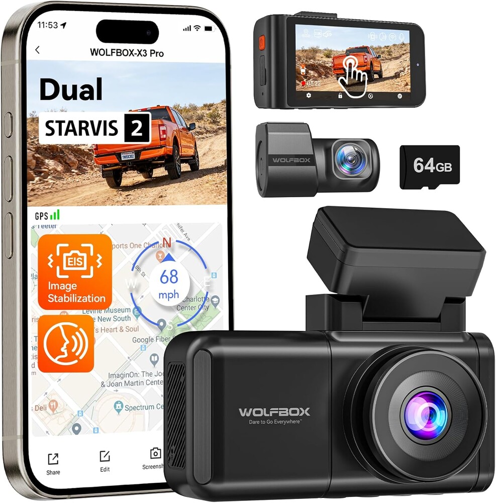 WOLFBOX X3 PRO Dash Cam Front and Rear, Dual STARVIS 2 IMX675, 1440P 60FPS+1440P ADAS Car Camera, EIS Image Stabilization with Ultra-Fast 5.8GHz WiFi, Voice Control & 3" Touch Screen, 64GB Card & GPS