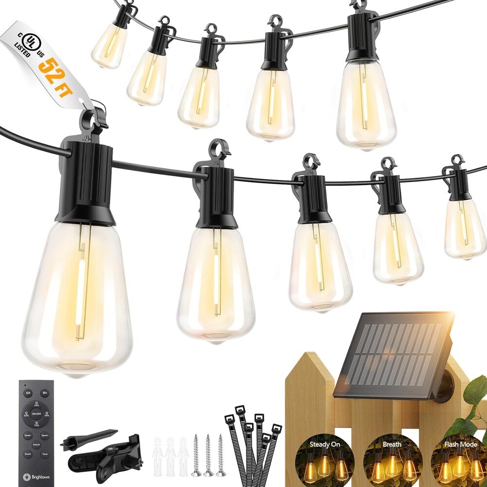 Brightown 52FT Solar String Lights Outdoor Waterproof, Patio Lights with Remote and 15+1 LED Shatterproof Bulbs, Dimmable & Timable, 3 Light Modes, Solar Lights Outdoor for Yard Garden Camping Party