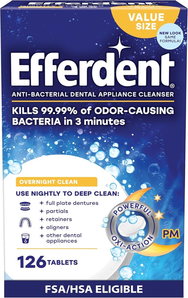 Efferdent Retainer Cleaning Tablets, Denture Cleaning Tablets for Dental Appliances, Overnight Whitening, 126 Count